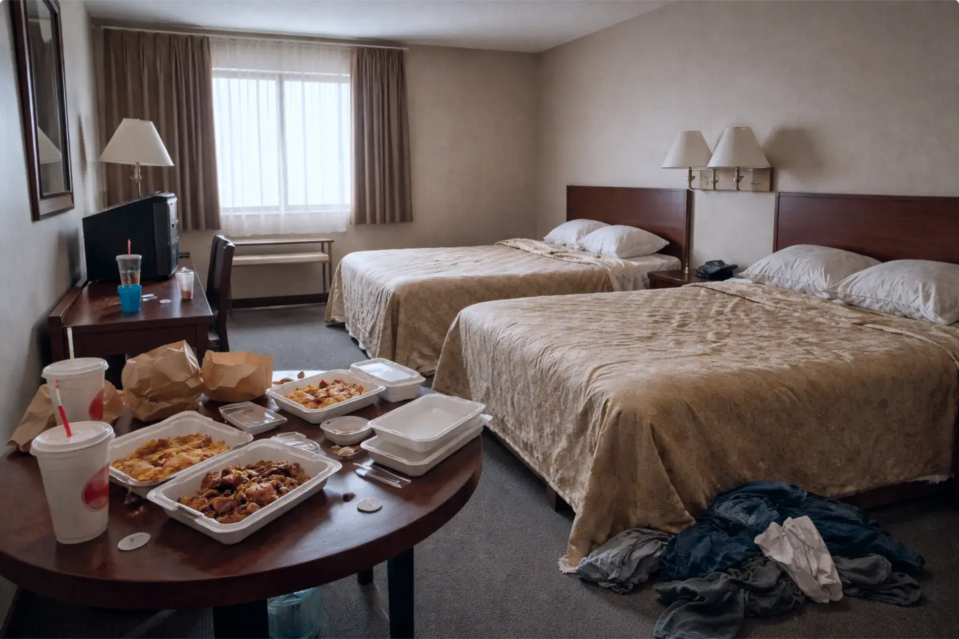 Standard hotel room with a single bed and limited space