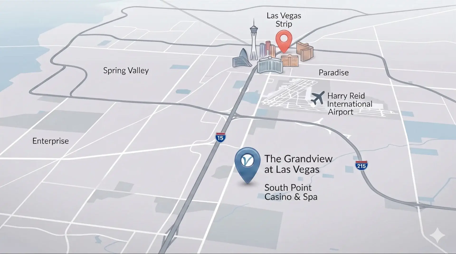 Map showing The Grandview at Las Vegas location relative to the Strip, airport, and South Point Casino