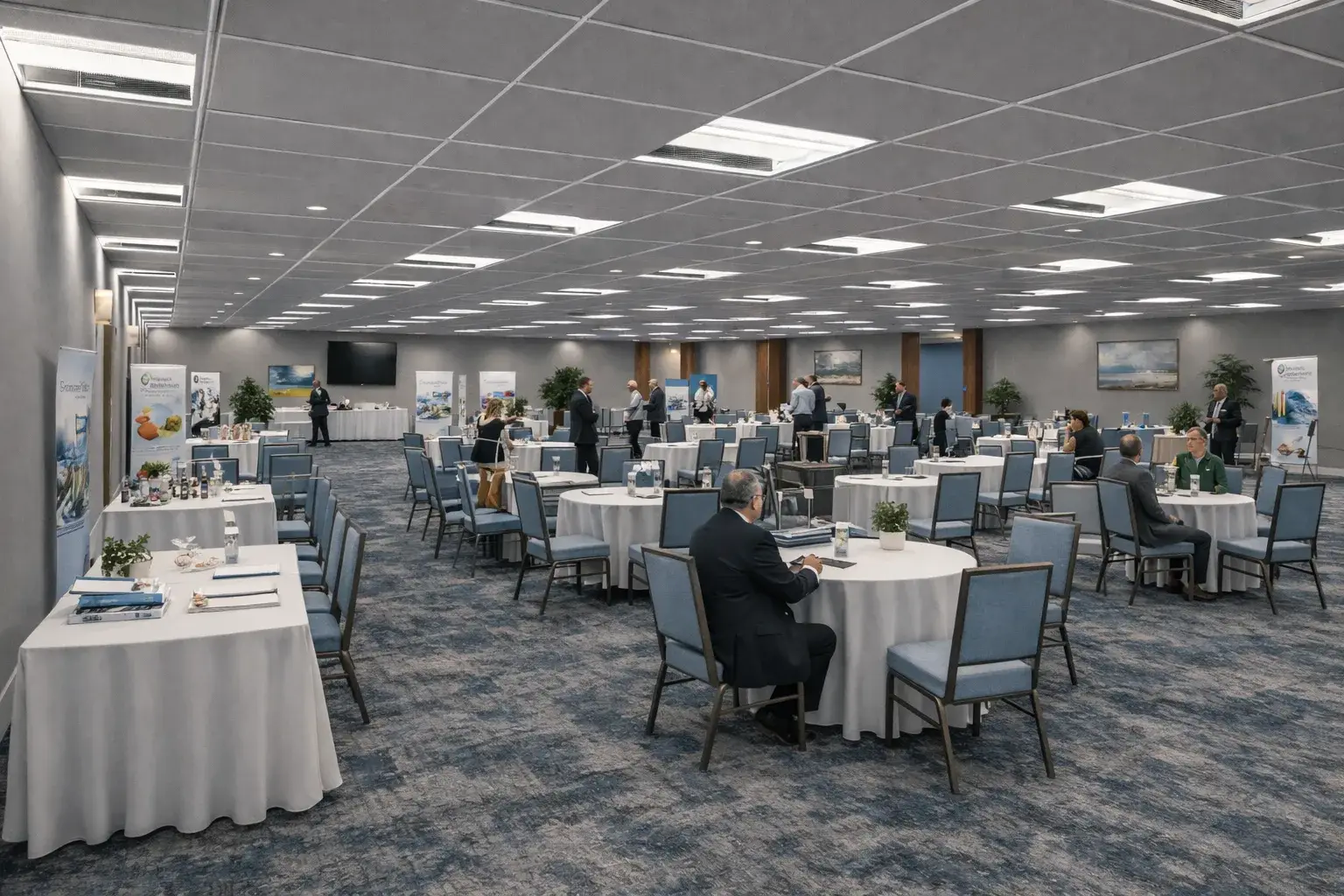 Corporate meeting setup with round tables and presentation displays at The Grandview at Las Vegas