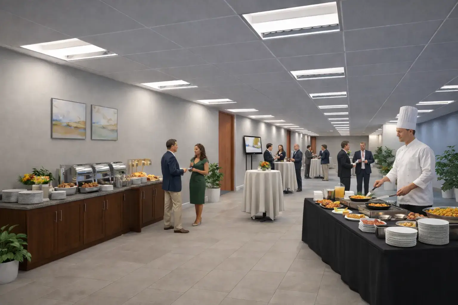Catering buffet set up in a meeting room with attendees in business attire