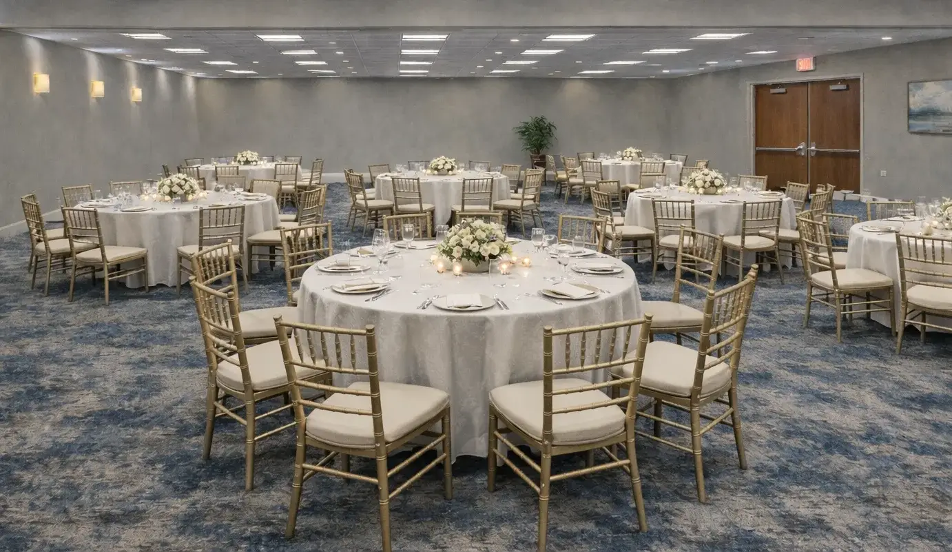 Vanguard Room set up for a banquet with round tables and chiavari chairs