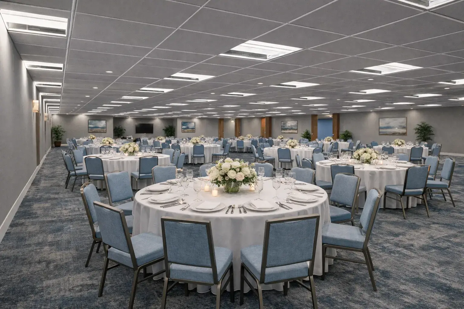 Venture Ballroom set up for a banquet with round tables and blue chairs
