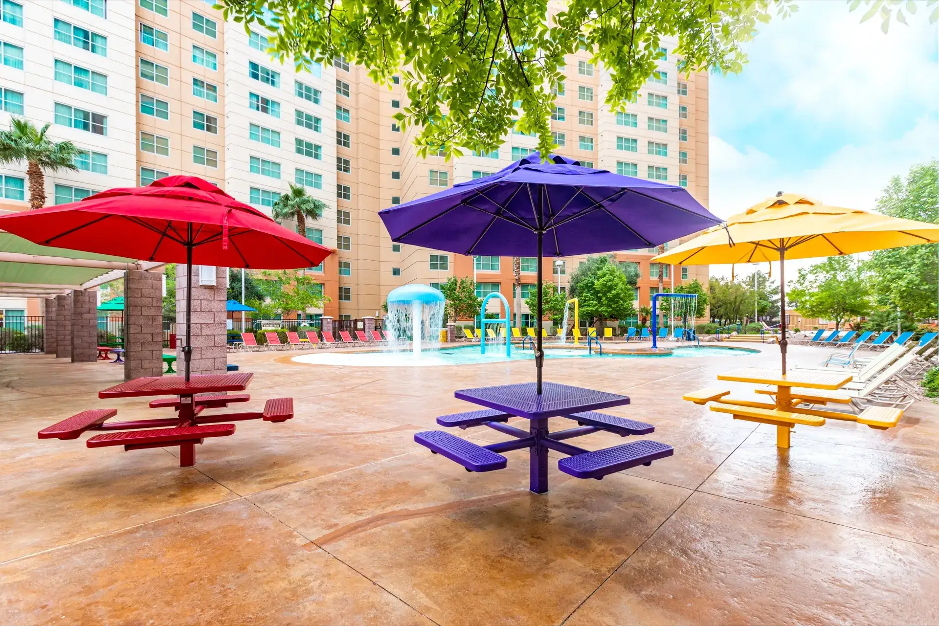 Activity pool by the Rosemary Building with picnic tables