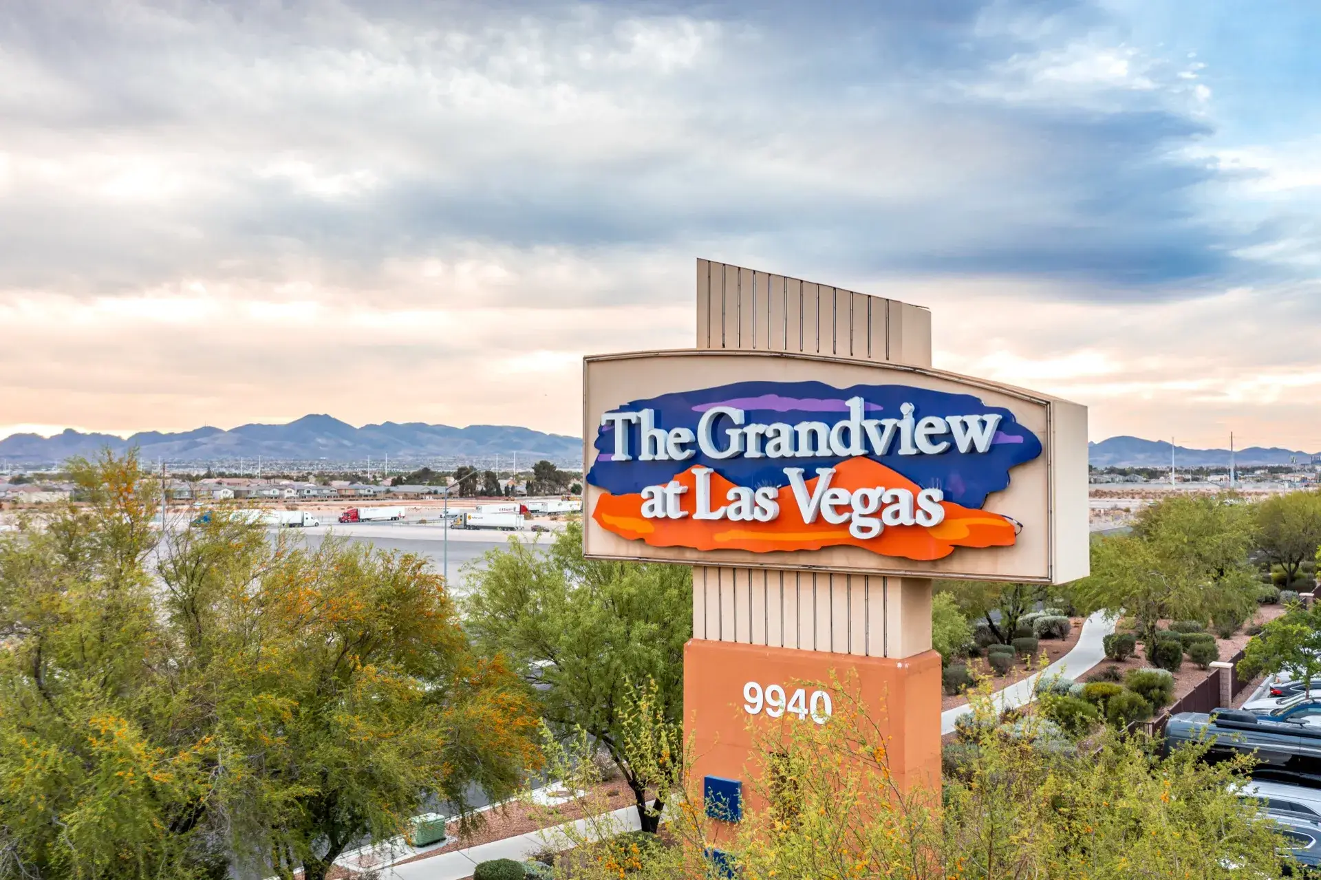 Aerial view of the resort sign at the front entrance