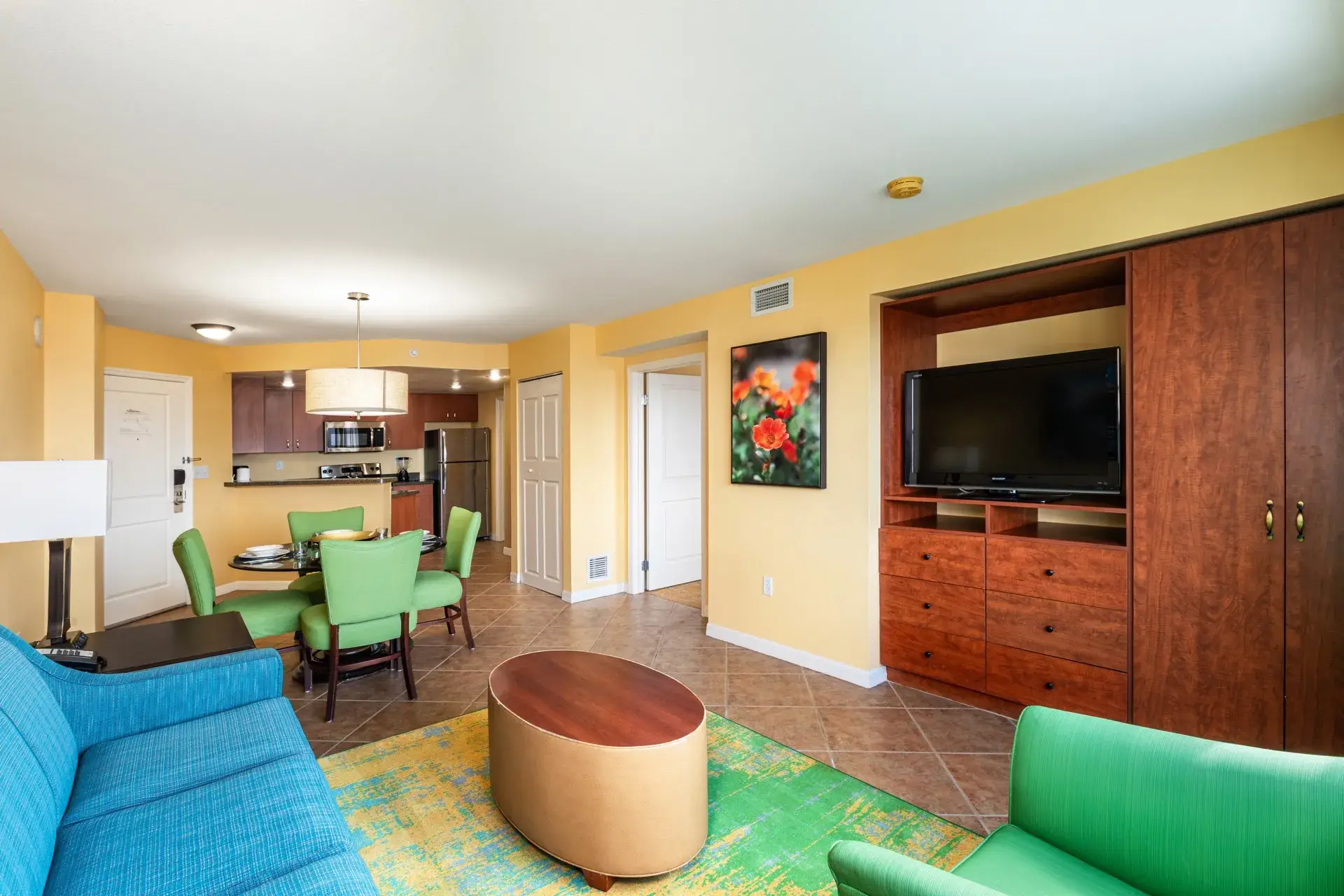 A living room with a TV